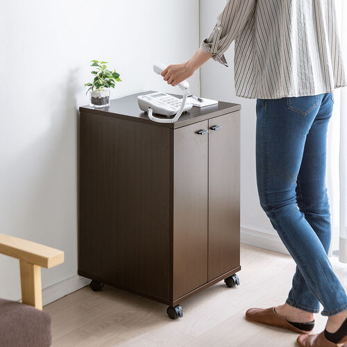 プリンタースタンド（木製・扉付・キャスター・ケーブル配線・ルーター収納・ケーブル収納）