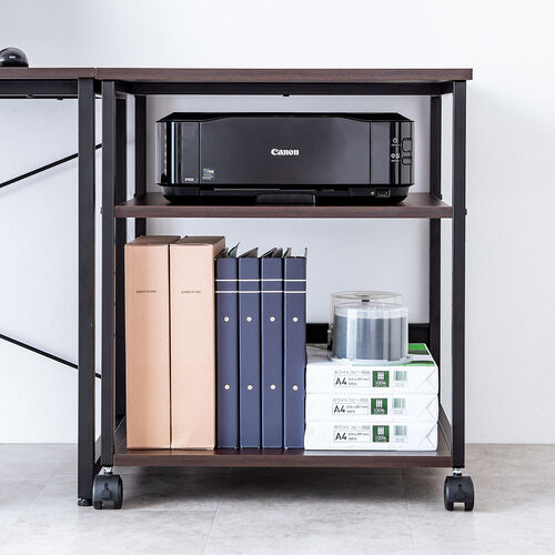 プリンタ台（プリンタラック・3段・キャスター付き・収納・棚付き・幅60cm×奥行60cm×高さ70cm・木目・ブラウン）