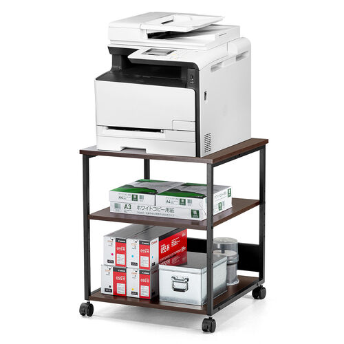 プリンタ台（プリンタラック・3段・キャスター付き・収納・棚付き・幅60cm×奥行60cm×高さ70cm・木目・ブラウン）