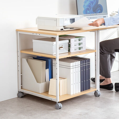 プリンタ台（プリンタラック・3段・キャスター付き・収納・棚付き・幅60cm×奥行60cm×高さ70cm・木目・ライトブラウン）