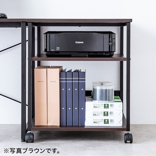 プリンタ台（プリンタラック・3段・キャスター付き・収納・棚付き・幅60cm×奥行60cm×高さ70cm・木目・ライトブラウン）