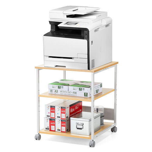 プリンタ台（プリンタラック・3段・キャスター付き・収納・棚付き・幅60cm×奥行60cm×高さ70cm・木目・ライトブラウン）