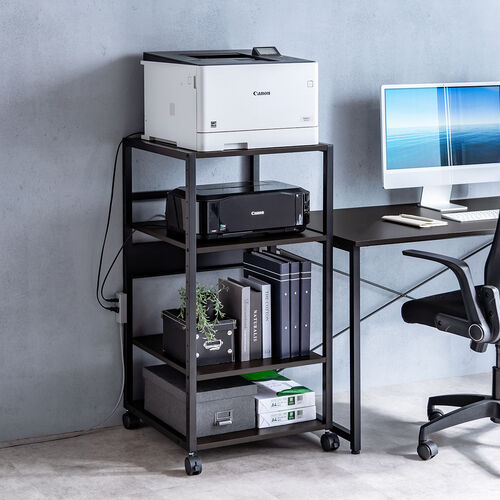 【アウトレット】プリンタ台（プリンタラック・4段・キャスター付・収納・棚付・幅47cm×奥行52cm×高さ100cm・ブラック）