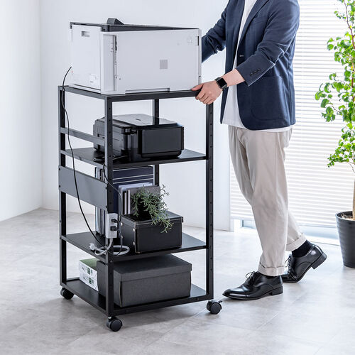 【アウトレット】プリンタ台（プリンタラック・4段・キャスター付・収納・棚付・幅47cm×奥行52cm×高さ100cm・ブラック）