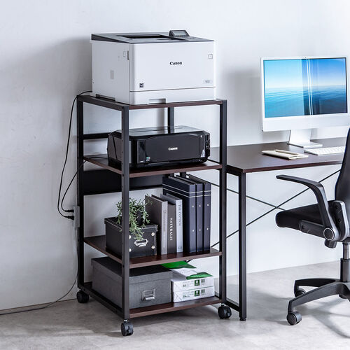 プリンタ台（プリンタラック・4段・キャスター付・収納・棚付・幅47cm×奥行52cm×高さ100cm・ブラウン）