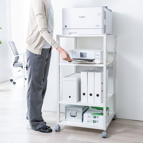プリンタ台（プリンタラック・4段・キャスター付・収納・棚付・幅47cm×奥行52cm×高さ100cm・ホワイト）