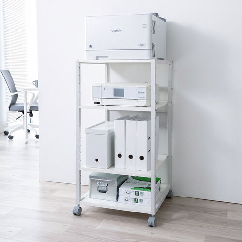 プリンタ台（プリンタラック・4段・キャスター付・収納・棚付・幅47cm×奥行52cm×高さ100cm・ホワイト）
