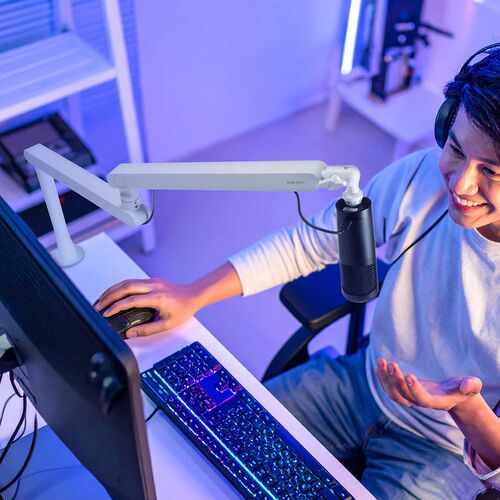 マイクアーム（マイクブームアーム・マイクスタンド・クランプ・コンデンサーマイク・耐荷重2kg・3関節・ロープロファイル対応・ホワイト）