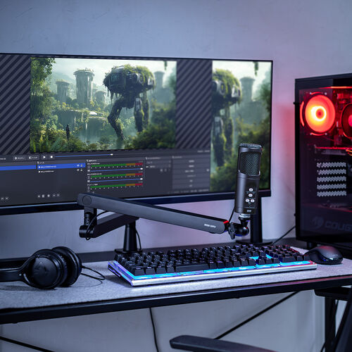 マイクアーム（マイクブームアーム・マイクスタンド・クランプ・コンデンサーマイク・耐荷重2kg・3関節・ロープロファイル対応）