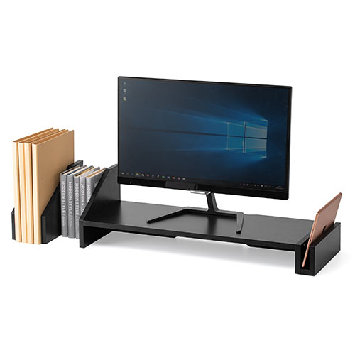 モニター台（机上台・卓上・タブレットスタンド・本立て・ 木製・幅75cm～113cm・ 伸縮・ブラック・キーボード収納）