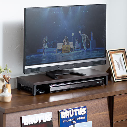 モニター台（机上台・卓上・小物整理・プリンター台・幅58.5cm・奥行20cm・木目調・ダークブラウン・キーボード収納）