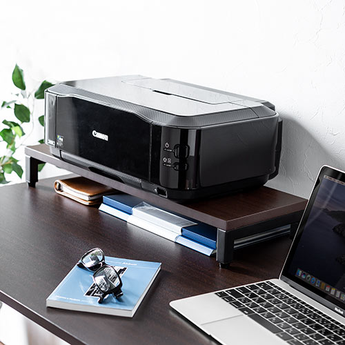 モニター台（机上台・卓上・小物整理・プリンター台・幅58.5cm・奥行20cm・木目調・ダークブラウン・キーボード収納）