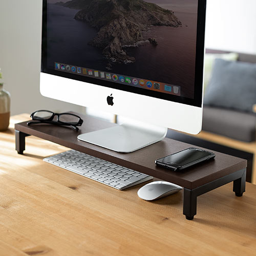 モニター台（机上台・卓上・小物整理・プリンター台・幅58.5cm・奥行20cm・木目調・ダークブラウン・キーボード収納）