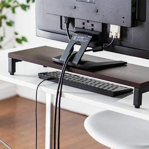 モニター台（机上台・卓上・小物整理・プリンター台・幅58.5cm・奥行20cm・木目調・ダークブラウン・キーボード収納）