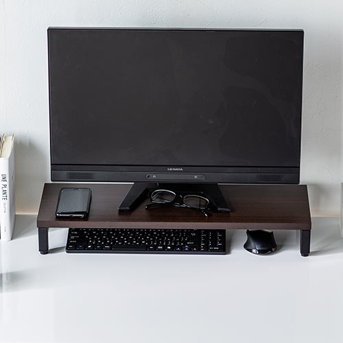 モニター台（机上台・卓上・小物整理・プリンター台・幅58.5cm・奥行20cm・木目調・ダークブラウン・キーボード収納）