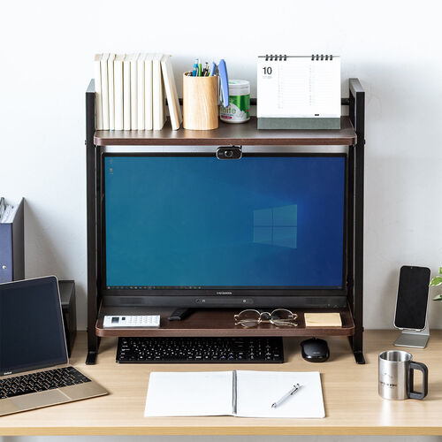 机上ラック（幅60cm・クランプ式・ 2段・ハイタイプ シェルフ・モニター台・机上台・ブラウン）