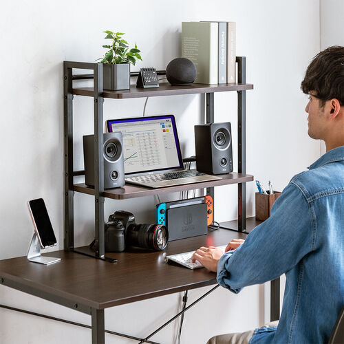 机上ラック（幅60cm・クランプ式・ 2段・ハイタイプ シェルフ・モニター台・机上台・ブラウン）