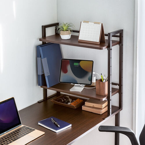 机上ラック（幅60cm・クランプ式・ 2段・ハイタイプ シェルフ・モニター台・机上台・ブラウン）