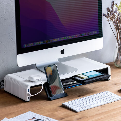 モニター台（USB・USB-C・引き出し付・幅3段階調整対応・机上・白） MR189BW　サンワサプライ
