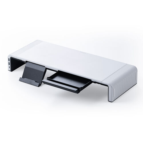 モニター台（USB・USB-C・引き出し付・幅3段階調整対応・机上・白） MR189BW　サンワサプライ