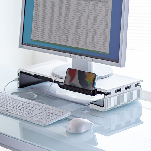 モニター台（USB・USB-C・引き出し付・幅3段階調整対応・机上・白） MR189BW　サンワサプライ