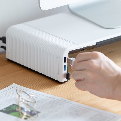 モニター台（USB・USB-C・引き出し付・幅3段階調整対応・机上・白） MR189BW　サンワサプライ