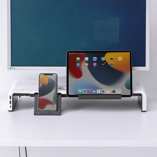 モニター台（USB・USB-C・引き出し付・幅3段階調整対応・机上・白） MR189BW　サンワサプライ