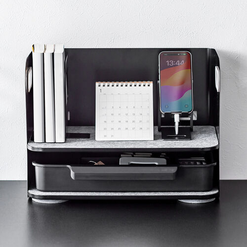 デスク収納ボックス（デスク上置棚・机上収納ボックス・机上台・デスクオーガナイザー・整理整頓・小物収納・卓上収納・A4収納・本・文房具・組み立て不要・ブラック）