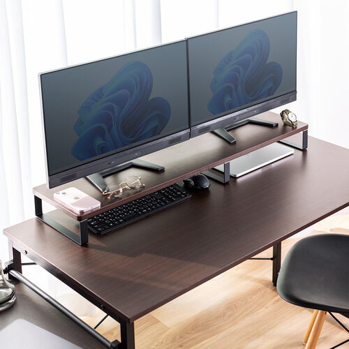 モニター台（幅100cm・奥行き25cm・モニター下収納・木製・机上台・ダークブラウン）