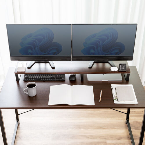 モニター台（幅100cm・奥行き25cm・モニター下収納・木製・机上台・ダークブラウン）