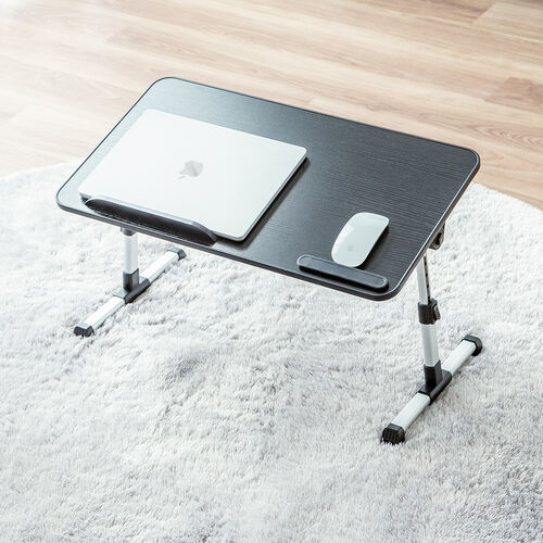 折りたたみデスク（折りたたみテーブル・幅60cm・高さ調整・角度調整対応・組み立て不要・ラップデスク・ローテーブル・木目調・ブラック）