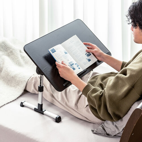 折りたたみデスク（折りたたみテーブル・幅60cm・高さ調整・角度調整対応・組み立て不要・ラップデスク・ローテーブル・木目調・ブラック）