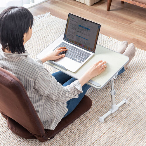 折りたたみデスク（折りたたみテーブル・幅60cm・高さ調整・角度調整対応・組み立て不要・ラップデスク・ローテーブル・木目調・ホワイト）