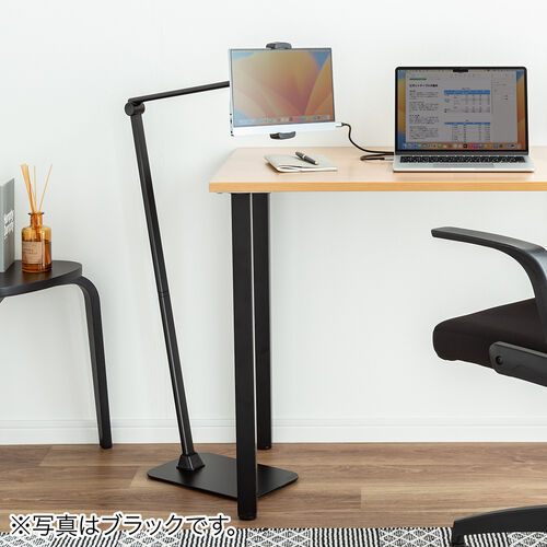 タブレット用フロアスタンド（アーム式・iPad・4～13インチ対応・角度・高さ・360度回転調整可能・ 床置設置・サイネージ・ベッドサイド・ホワイト）