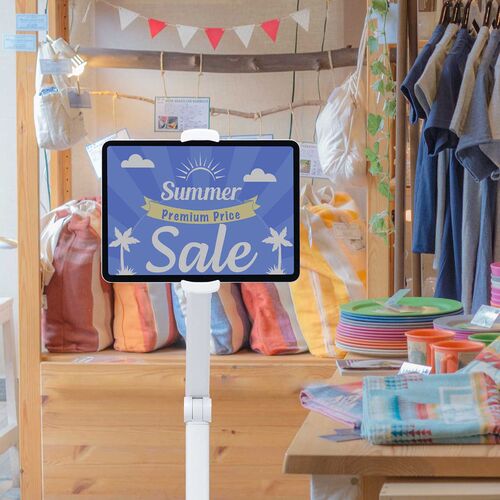 タブレット用フロアスタンド（アーム式・iPad・4～13インチ対応・角度・高さ・360度回転調整可能・ 床置設置・サイネージ・ベッドサイド・ホワイト）