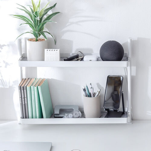 小物トレー（2段・クランプ取付け・デスクトップシェルフ・小物収納・整理整頓・デスクサイド・ガーデンラック・机上台・幅48×奥行き12.6×高さ37cm・スチール製）