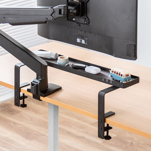 小物トレー（クランプ取り付け・モニター下収納・ケーブルガイド付き・机上台・机下収納・タップ収納・スチール製）