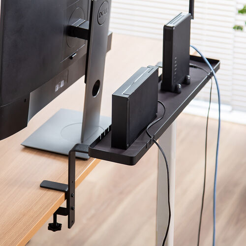 小物トレー（クランプ取り付け・モニター下収納・ケーブルガイド付き・机上台・机下収納・タップ収納・スチール製）