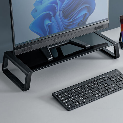 モニター台（机上台・幅54.7cm・強化ガラス・耐荷重10kg・モニター下収納・ブラック）