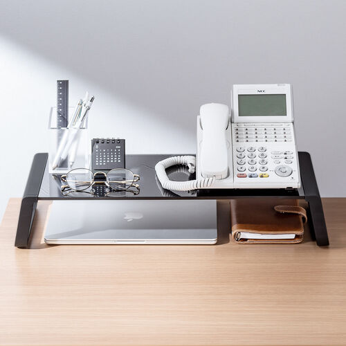 モニター台（机上台・幅54.7cm・強化ガラス・耐荷重10kg・モニター下収納・ブラック）