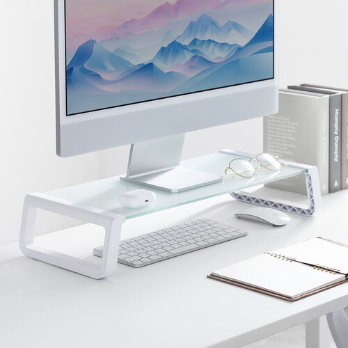 モニター台（机上台・幅54.7cm・強化ガラス・耐荷重10kg・モニター下収納・ホワイト）