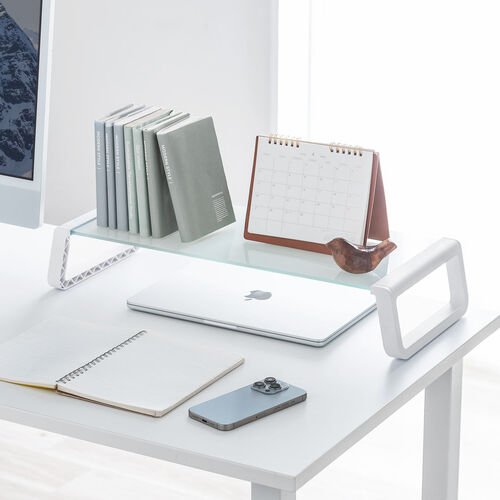 モニター台（机上台・幅54.7cm・強化ガラス・耐荷重10kg・モニター下収納・ホワイト）