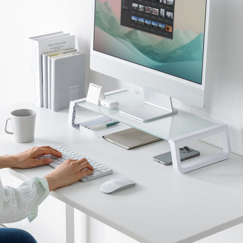 モニター台（机上台・幅54.7cm・強化ガラス・耐荷重10kg・モニター下収納・ホワイト）