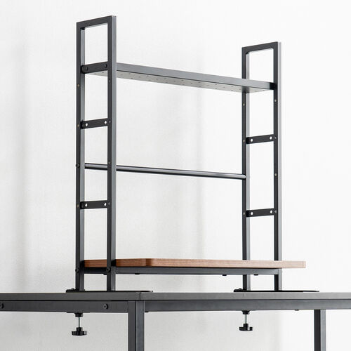 デスク上収納ラック（机上台・幅62.5cm・クランプ式・2段・ハイタイプ・シェルフ・机上ラック・モニター台・モニター裏収納・木目調・ダークブラウン）