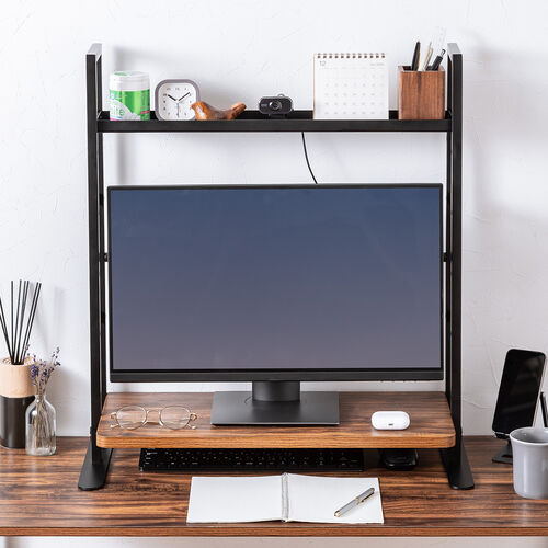 デスク上収納ラック（机上台・幅62.5cm・クランプ式・2段・ハイタイプ・シェルフ・机上ラック・モニター台・モニター裏収納・木目調・ダークブラウン）