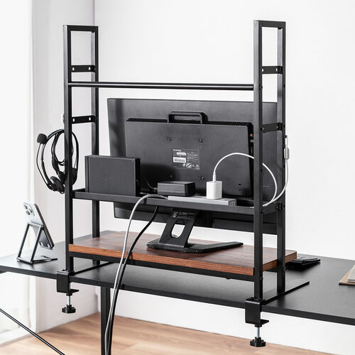 デスク上収納ラック（机上台・幅62.5cm・クランプ式・2段・ハイタイプ・シェルフ・机上ラック・モニター台・モニター裏収納・木目調・ダークブラウン）