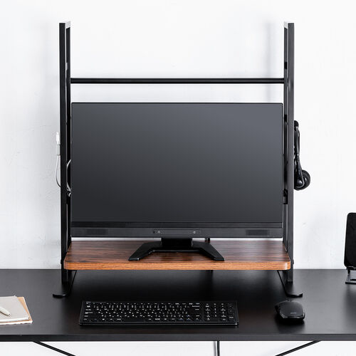 デスク上収納ラック（机上台・幅62.5cm・クランプ式・2段・ハイタイプ・シェルフ・机上ラック・モニター台・モニター裏収納・木目調・ダークブラウン）