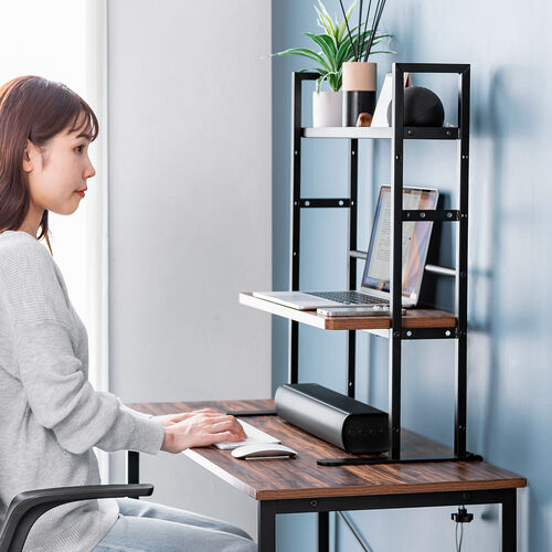 デスク上収納ラック（机上台・幅62.5cm・クランプ式・2段・ハイタイプ・シェルフ・机上ラック・モニター台・モニター裏収納・木目調・ダークブラウン）