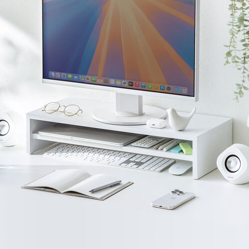 モニター台（2段式・幅60cm・机上台・モニター下収納・2段収納・木製・ホワイト）