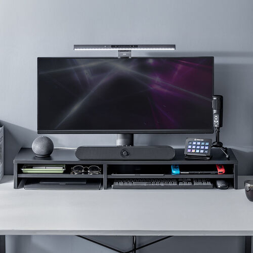 モニター台（2段式・幅100cm・机上台・モニター下収納・2段収納・木製・ブラック）